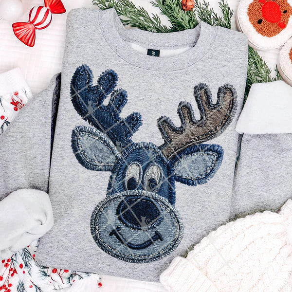 Faux Denim Cute Reindeer Gildan Unisex Heavy Blend™ Crewneck Sweatshirt Sport Grey