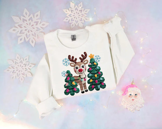 Faux Yarn Reindeer and Trees Gildan Unisex Heavy Blend™ Crewneck Sweatshirt White