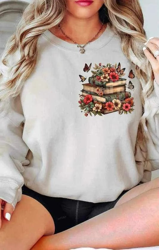 Books and Butterflies Pocket Print Gildan Heavy Blend™ 50/50 Fleece Crew Sand