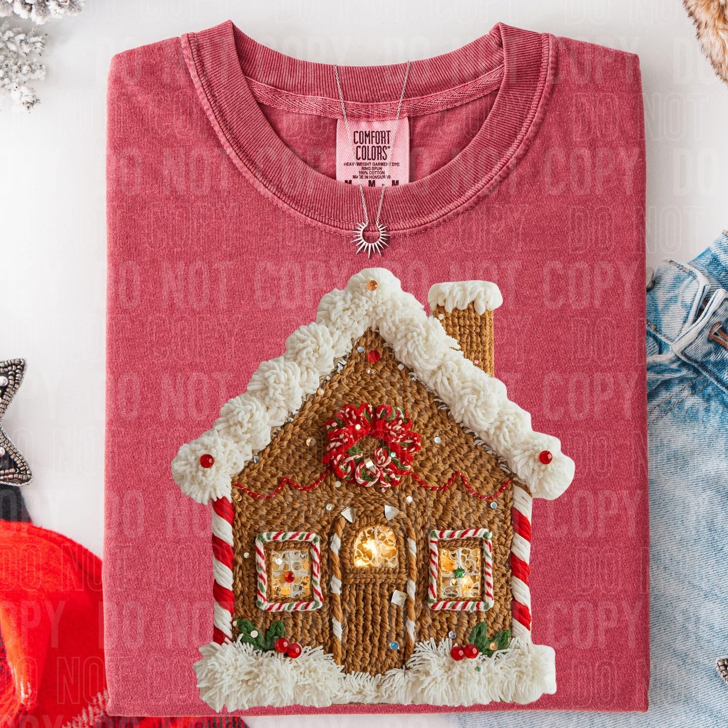 Gingerbread House Faux Yarn Comfort Colors Adult Heavyweight T-Shirt Cranberry