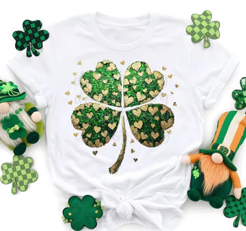 Gold Heart Green Sequin Four Leaf Clover Gildan Softstyle® T-Shirt White
