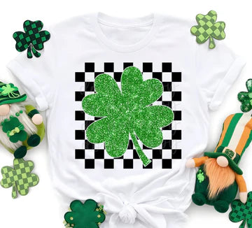 Green Sequin Checkered Four Leaf Clover Gildan Softstyle® T-Shirt White
