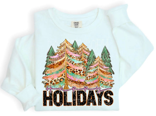 Happy Holidays Trees Comfort Colors Lightweight Fleece Crewneck Sweatshirt White