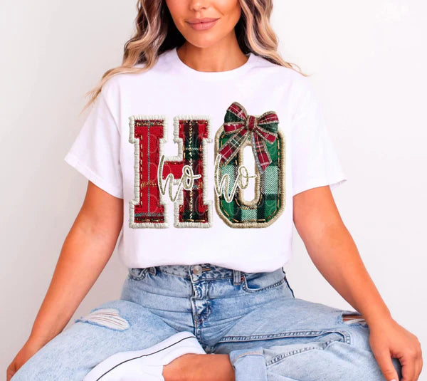 Ho Ho Ho Plaid and Bow Gildan Softstyle® T-Shirt White