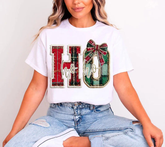 Ho Ho Ho Plaid and Bow Gildan Softstyle® T-Shirt White