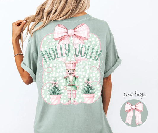 Holly Jolly Pink Bow Nutcracker Double Print Comfort Colors Adult Heavyweight T-Shirt Bay