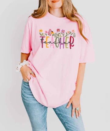 Teacher With Flowers Bella + Canvas Unisex Jersey T-Shirt Soft Pink