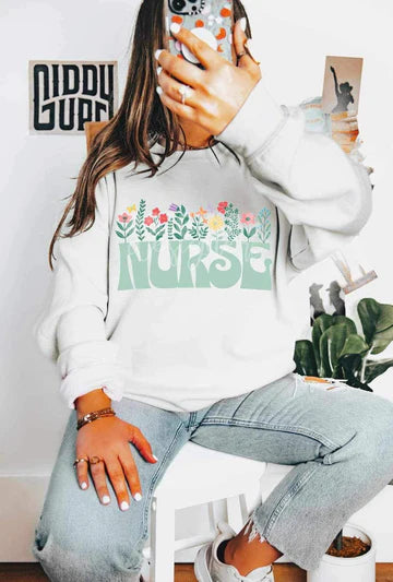 Nurse Floral Gildan Heavy Blend™ 50/50 Fleece Crew White