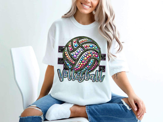 Large Volleyball Rhinestone Look Gildan Softstyle® T-Shirt White
