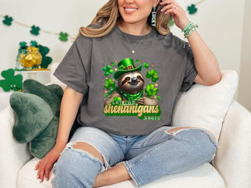 Let The Shenanigans Begin Sloth Comfort Colors Adult Heavyweight T-Shirt Pepper