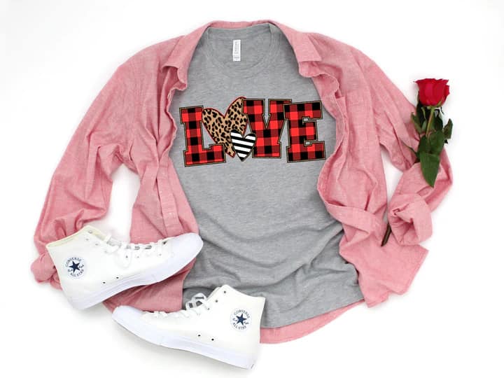 Love Buffalo Plaid Bella + Canvas Unisex Jersey T-Shirt Athletic Heather