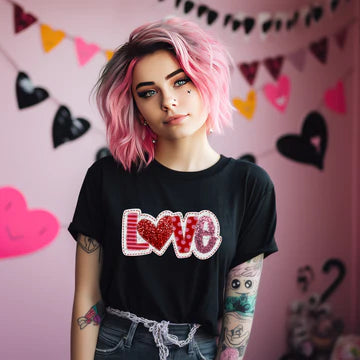 Love Faux Embroidery Sequin Gildan Softstyle® T-Shirt Black