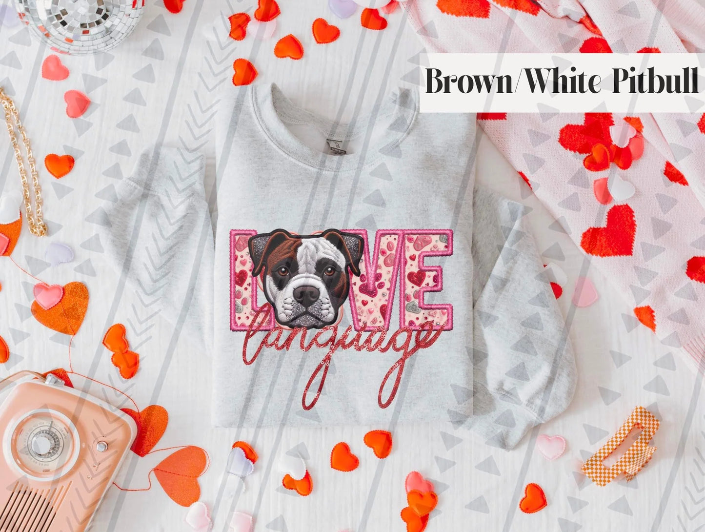 Love Language Brown White Pitbull Gildan Unisex Heavy Blend™ Crewneck Sweatshirt Ash