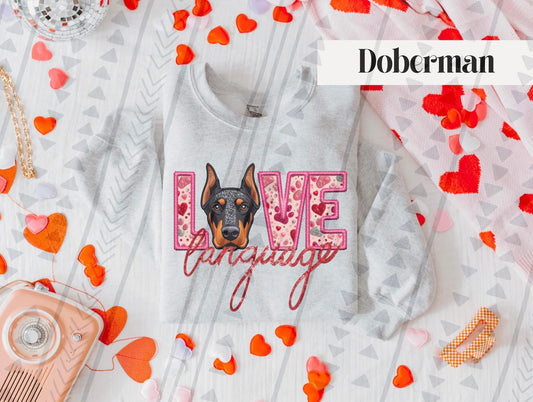 Love Language Doberman Gildan Unisex Heavy Blend™ Crewneck Sweatshirt Ash