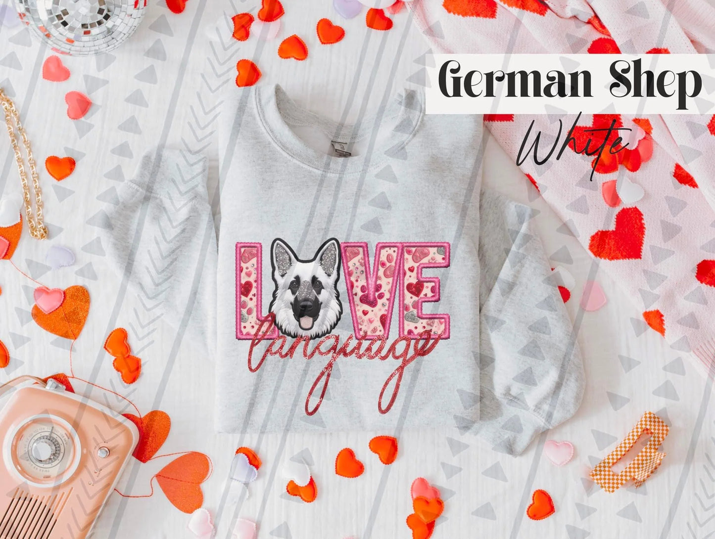 Love Language German Shepard White Gildan Unisex Heavy Blend™ Crewneck Sweatshirt Ash
