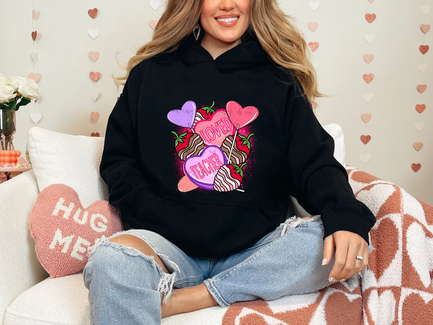 Loved Teacher Hearts and Strawberries Gildan Adult Heavy Blend™ 50/50 Hooded Sweatshirt Black
