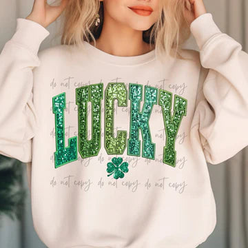 Lucky Faux Sequin Jerzees Adult NuBlend® Fleece Crew Sweet Cream