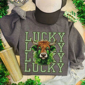 Lucky Highland Stacked Gildan Unisex Heavy Blend™ Crewneck Sweatshirt Dark Heather Grey