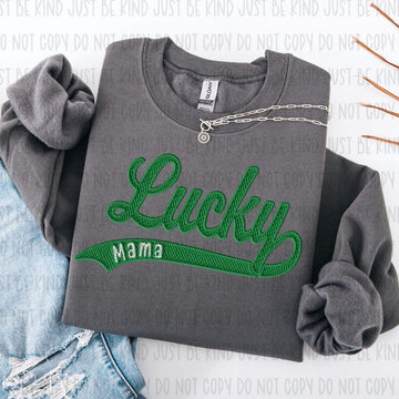 Lucky Mama Faux Embroidery Gildan Unisex Heavy Blend™ Crewneck Sweatshirt Charcoal