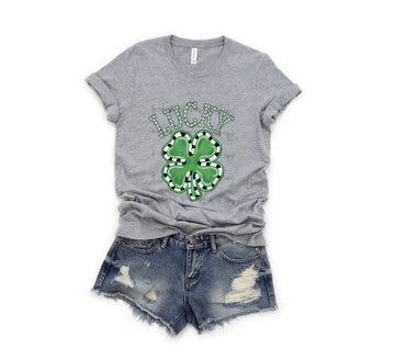 Lucky Shamrock Black and White Stripe Bella + Canvas Unisex Jersey T-Shirt Heather Athletic