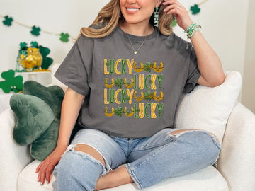 Lucky Stacked Gold and Green Faux Embroidery Sequin Comfort Colors Adult Heavyweight T-Shirt Pepper