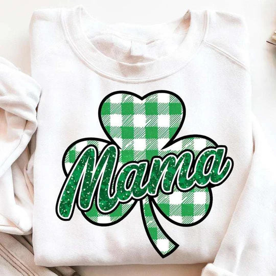 Mama Plaid Clover Gildan Heavy Blend™ 50/50 Fleece Crew White
