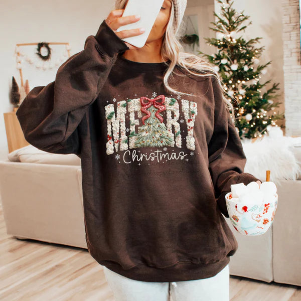 Merry Christmas Faux Yarn With Tree Gildan Unisex Heavy Blend™ Crewneck Sweatshirt Irish