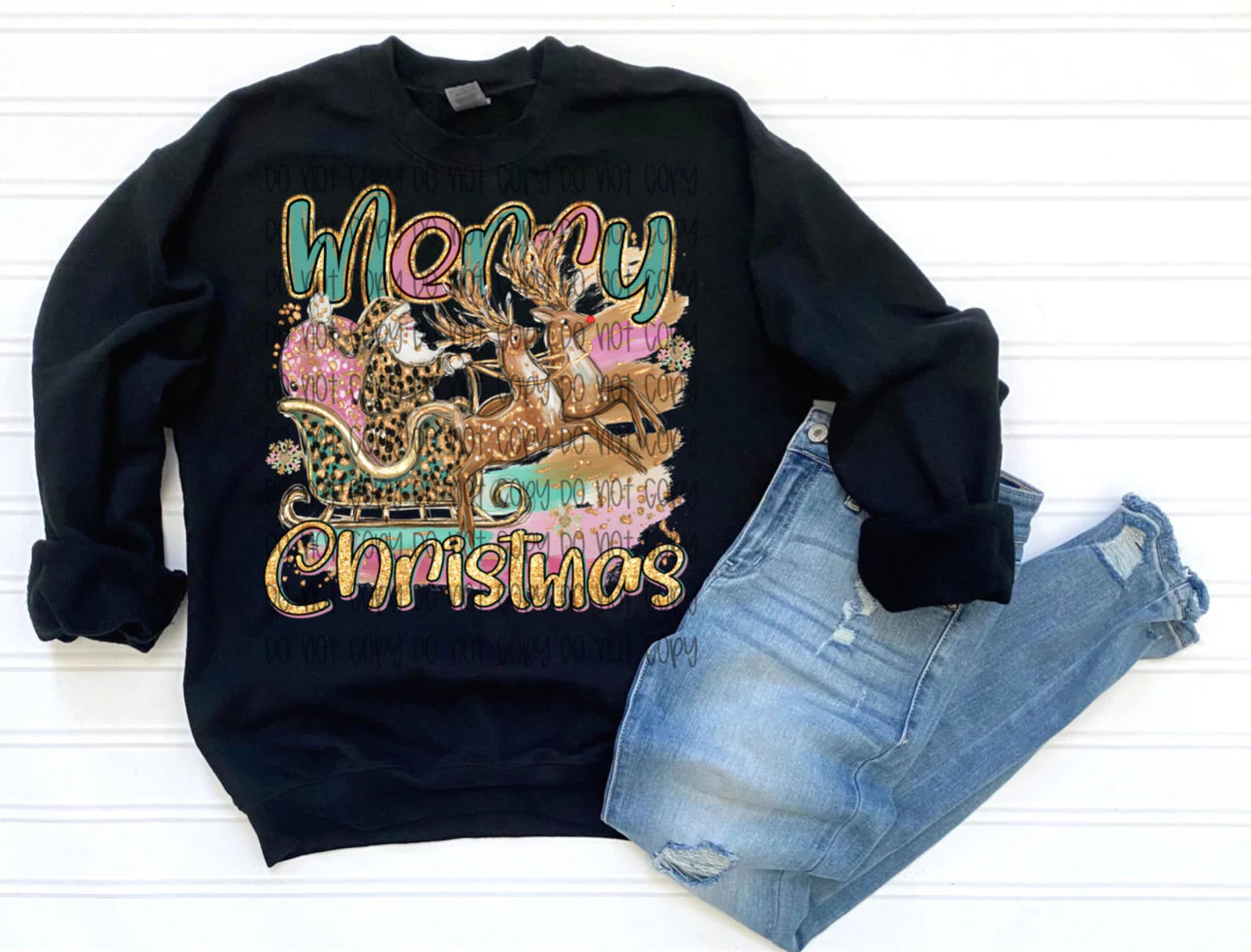 Merry Christmas Leopard Santa Sleigh Gildan Heavy Blend™ 50/50 Fleece Crew Black