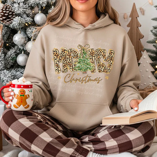 Merry Christmas Leopard With Tree Unisex Heavy Blend™ Hooded Sweatshirt Sand