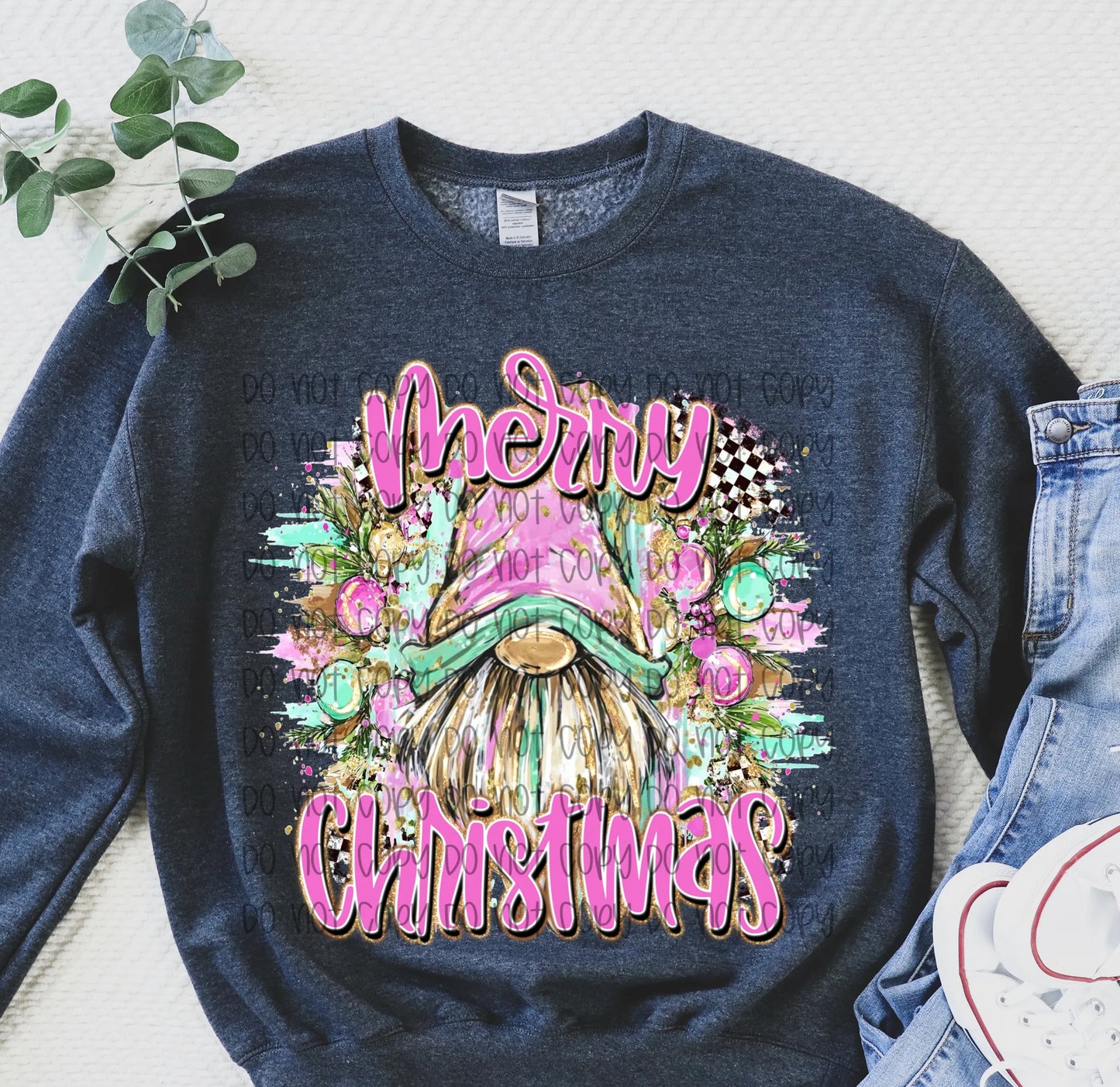 Merry Christmas Pink Gnome Gildan Heavy Blend™ 50/50 Fleece Crew Heather Dark Navy