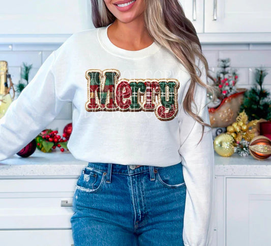 Merry Faux Plaid Gildan Unisex Heavy Blend™ Crewneck Sweatshirt White