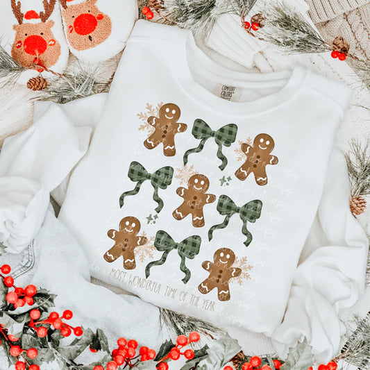 Most Wonderful Time of The Year Checker Bow Gingerbread Man Comfort Colors Lightweight Fleece Crewneck Sweatshirt White