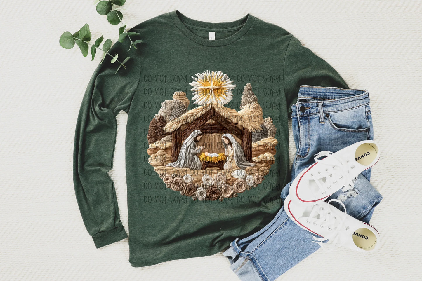 Nativity Faux Yarn Bella + Canvas Unisex Jersey Long-Sleeve Heather Forest