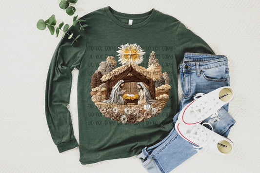 Nativity Faux Yarn Bella + Canvas Unisex Jersey Long-Sleeve Heather Forest