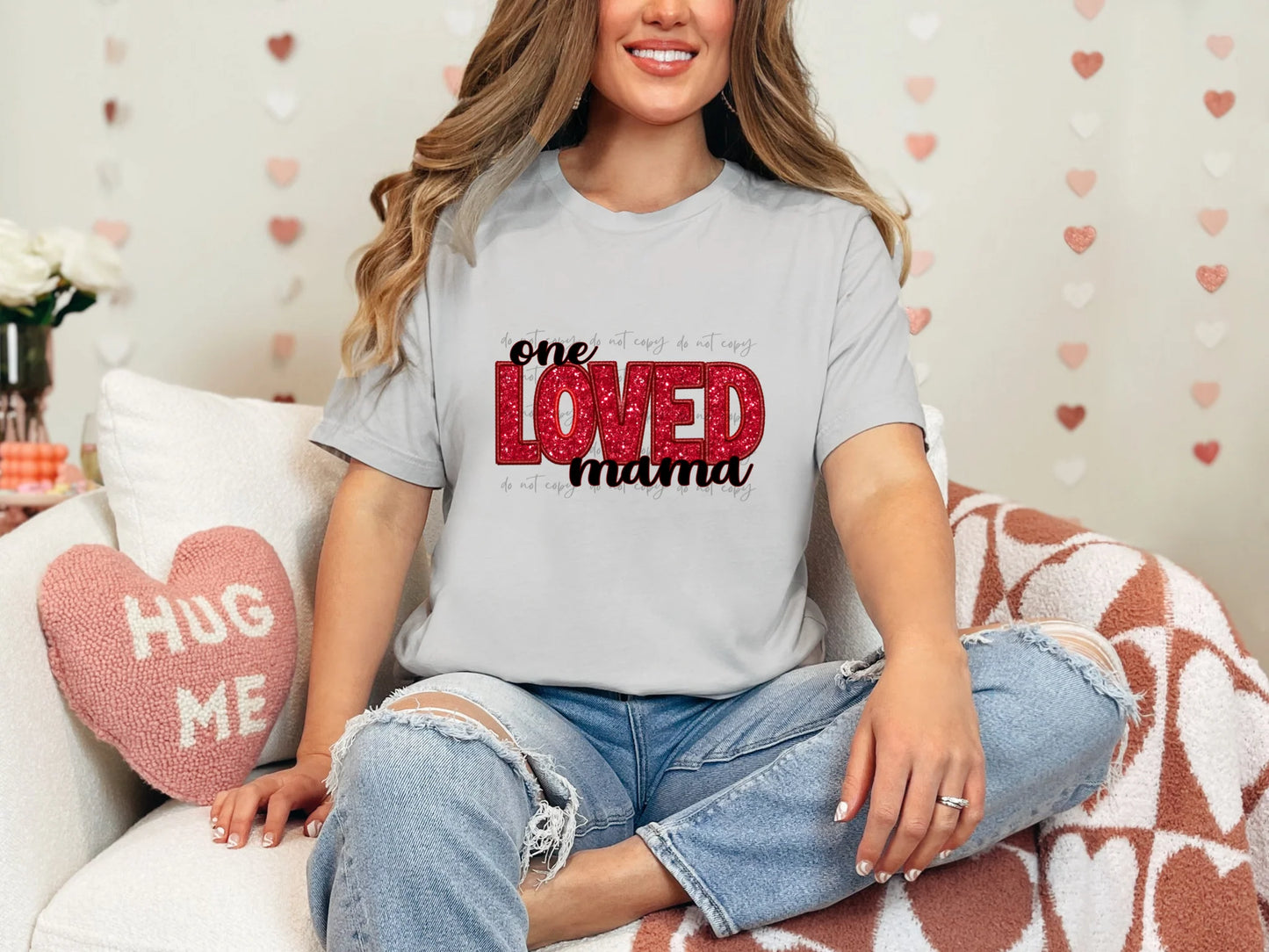 One Loved Mama Faux Embroidery Sequin Gildan Softstyle® T-Shirt Ice Grey