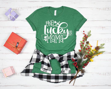One Lucky Mama White Bella + Canvas Unisex Jersey T-Shirt Heather Kelly