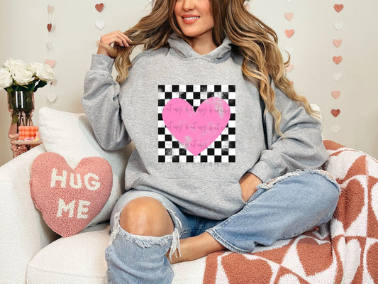 Pink Heart with Checkered Background Gildan Adult Heavy Blend™ 50/50 Hooded Sweatshirt Sport Grey