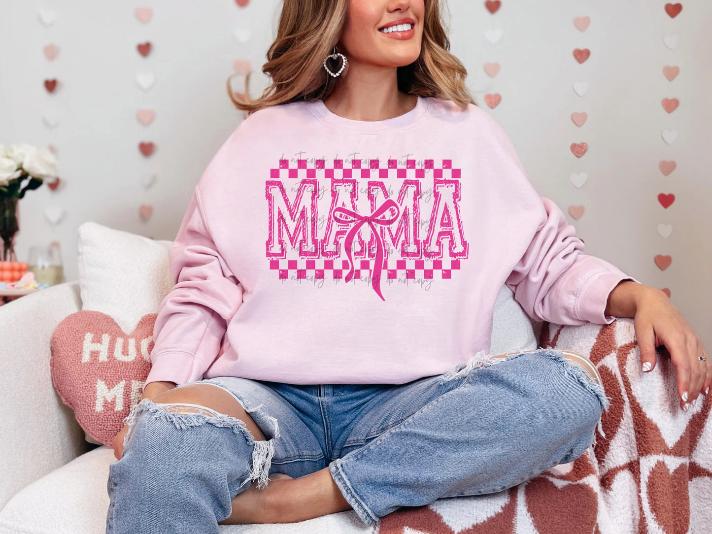 Pink Mama Checkered Gildan Unisex Heavy Blend™ Crewneck Sweatshirt Light Pink
