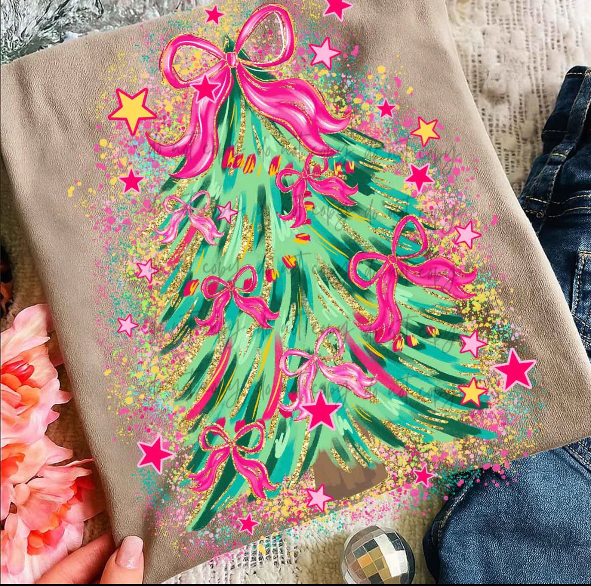 Pink Preppy Bow Splatter Tree Star Comfort Colors Adult Heavyweight T-Shirt Sandstone