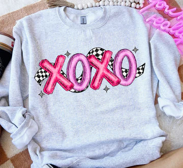 Pink Purple XOXO Checkered Gildan Unisex Heavy Blend™ Crewneck Sweatshirt Ash