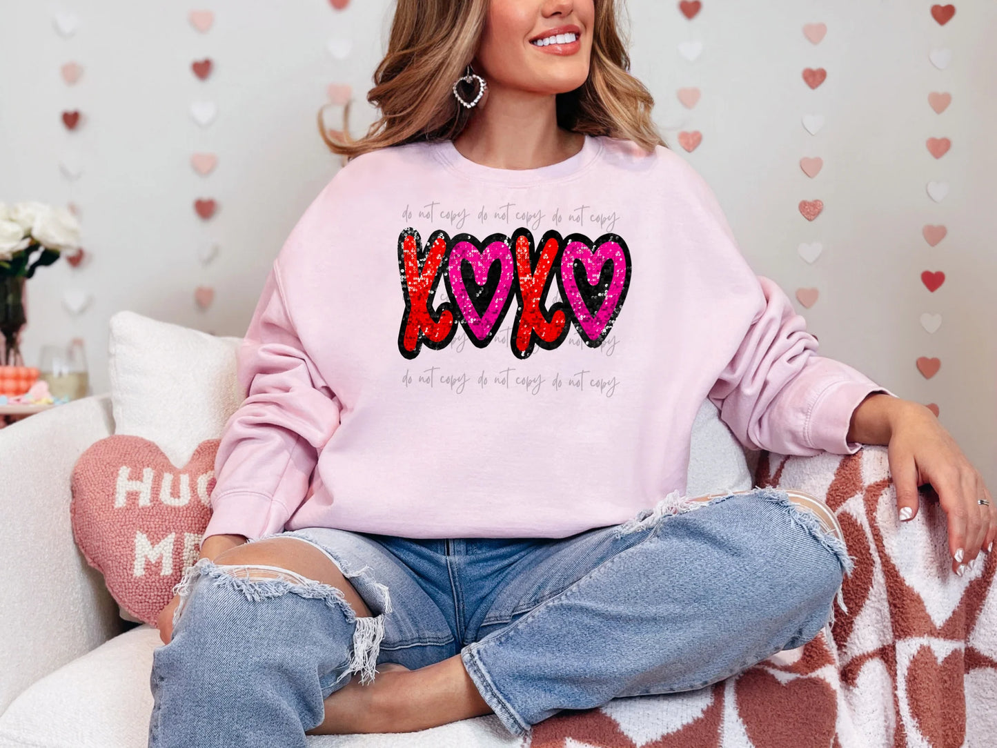 Pink Red Sequin XOXO Gildan Unisex Heavy Blend™ Crewneck Sweatshirt Light Pink