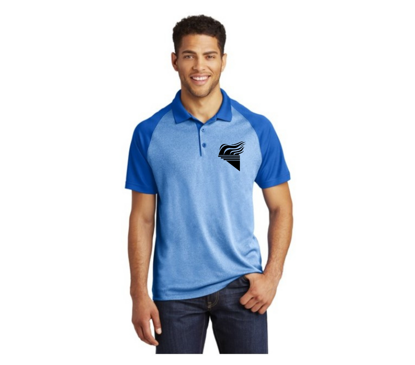 Sport-Tek® PosiCharge® RacerMesh® Raglan Heather Block Polo Blue Black Torch Pocket