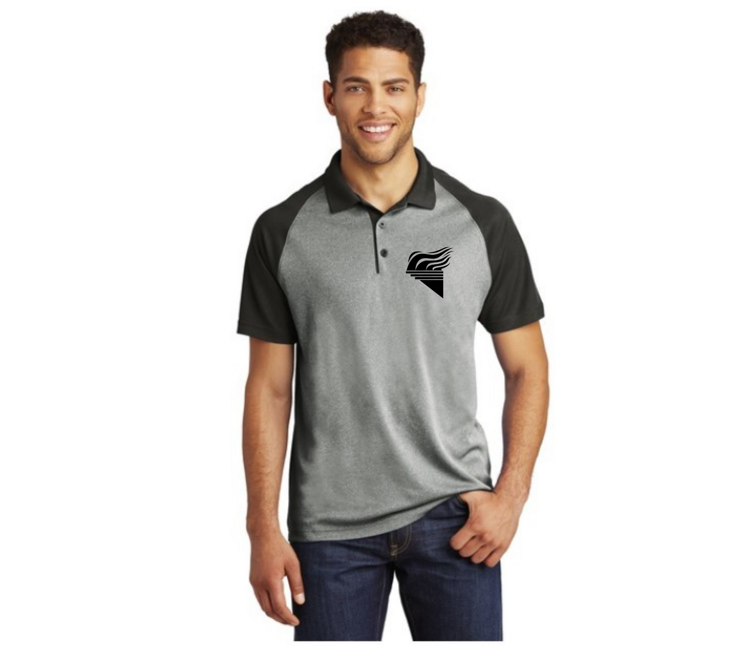 Sport-Tek® PosiCharge® RacerMesh® Raglan Heather Block Polo Grey Black Torch Pocket