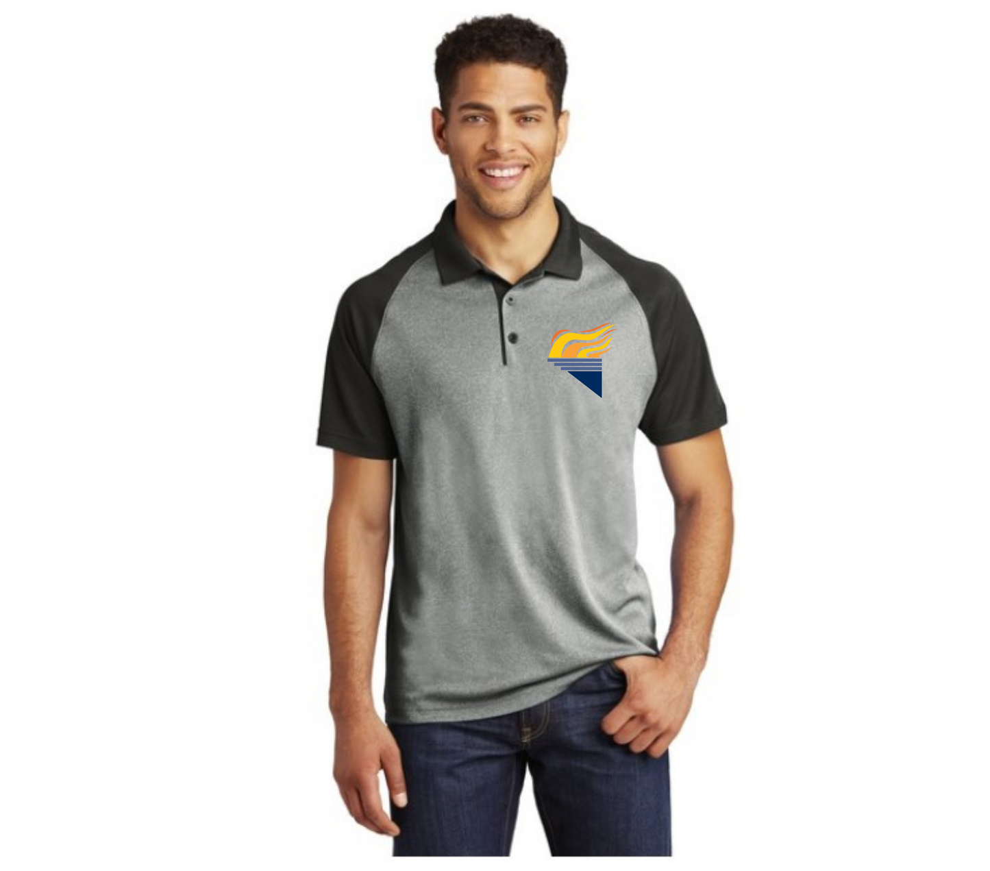 Sport-Tek® PosiCharge® RacerMesh® Raglan Heather Block Polo Grey Full Color Torch Pocket