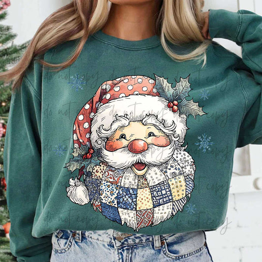 Preppy Patchwork Santa Claus Comfort Colors Unisex Garment-Dyed Crewneck Sweatshirt Blue Spruce
