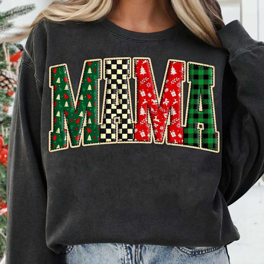 Retro Mama Christmas Patchwork Unisex Garment-Dyed Lightweight Fleece Crewneck Sweatshirt Pepper