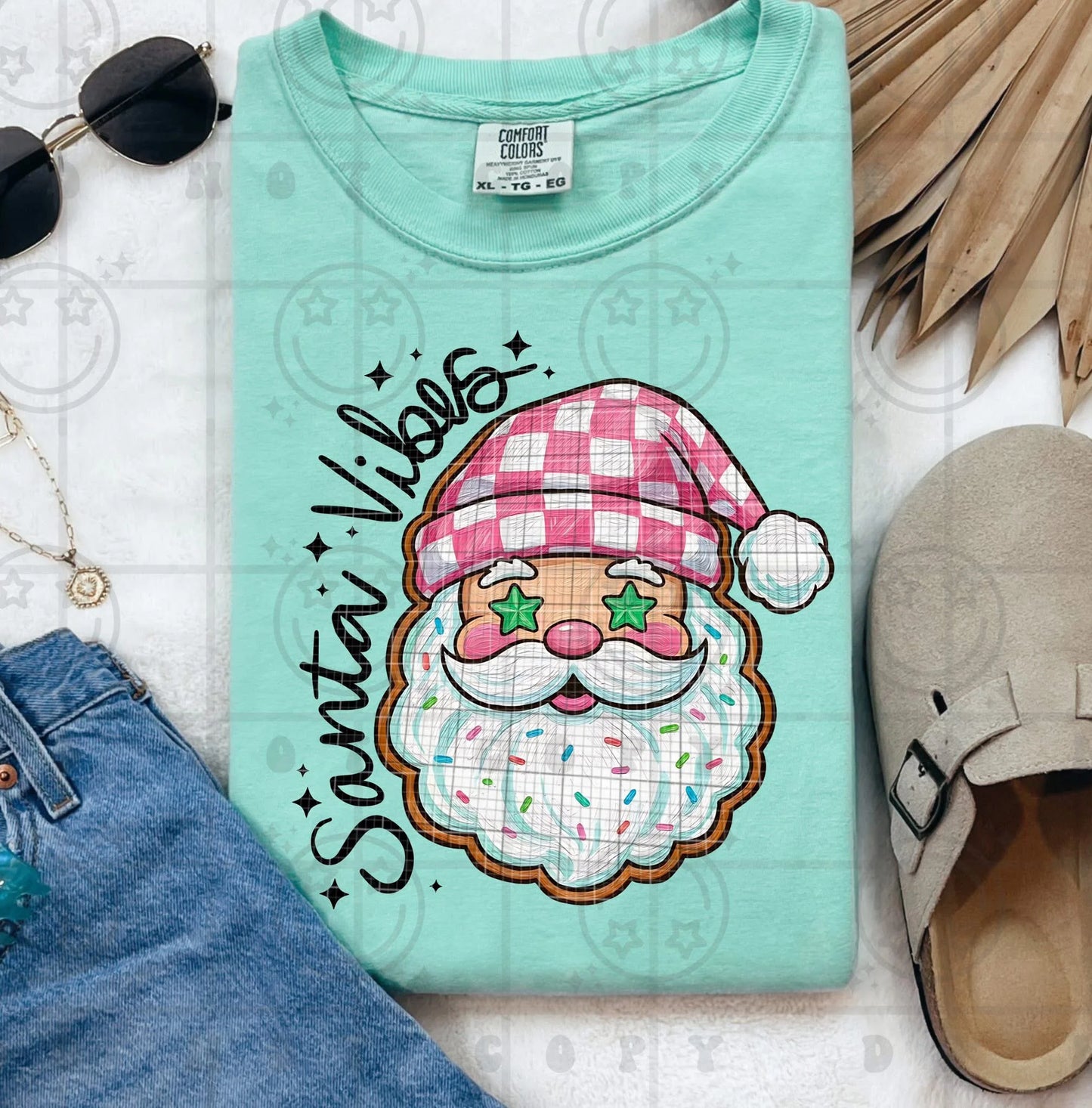 Santa Vibes Checker Comfort Colors Adult Heavyweight T-Shirt Chalky Mint