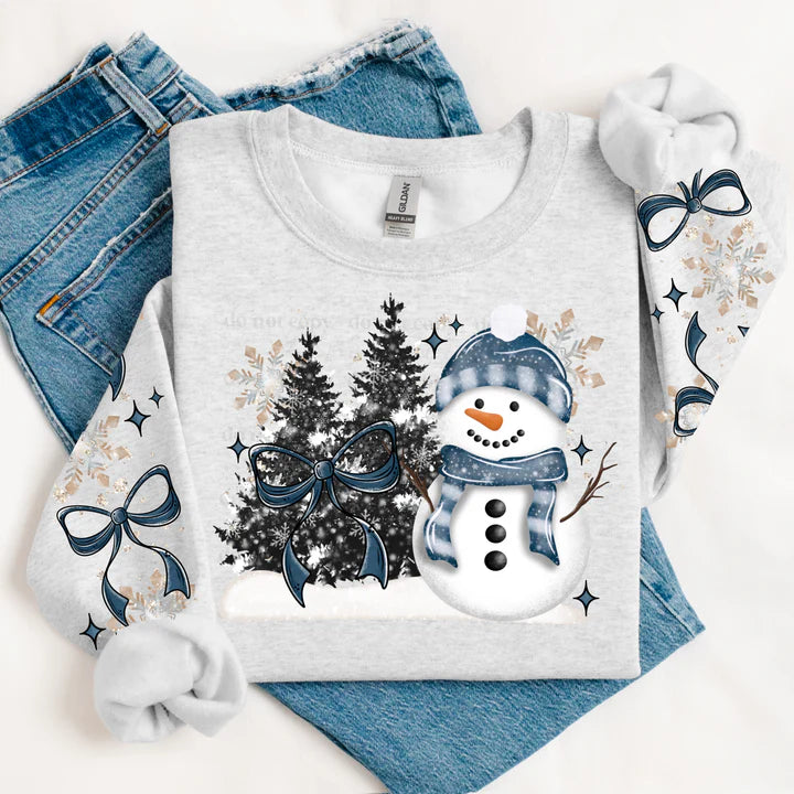 Snowman Bow With Double Print Sleeves Gildan Unisex Heavy Blend™ Crewneck Sweatshirt Ash