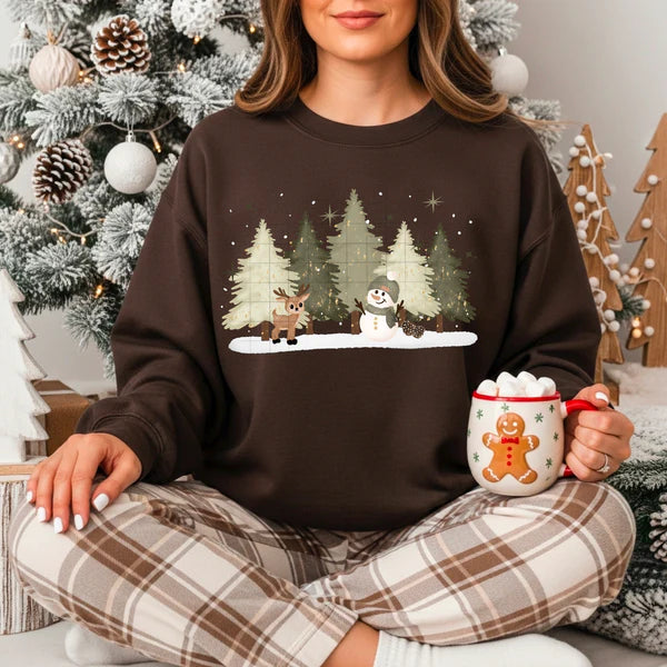 Snowman Deer and Trees Gildan Unisex Heavy Blend™ Crewneck Sweatshirt Dark Chocolate