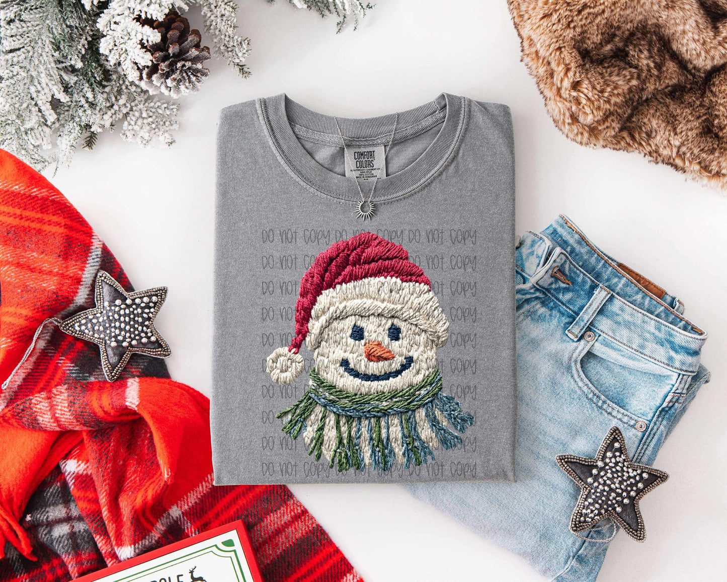 Snowman Faux Yarn Comfort Colors Adult Heavyweight T-Shirt Grey